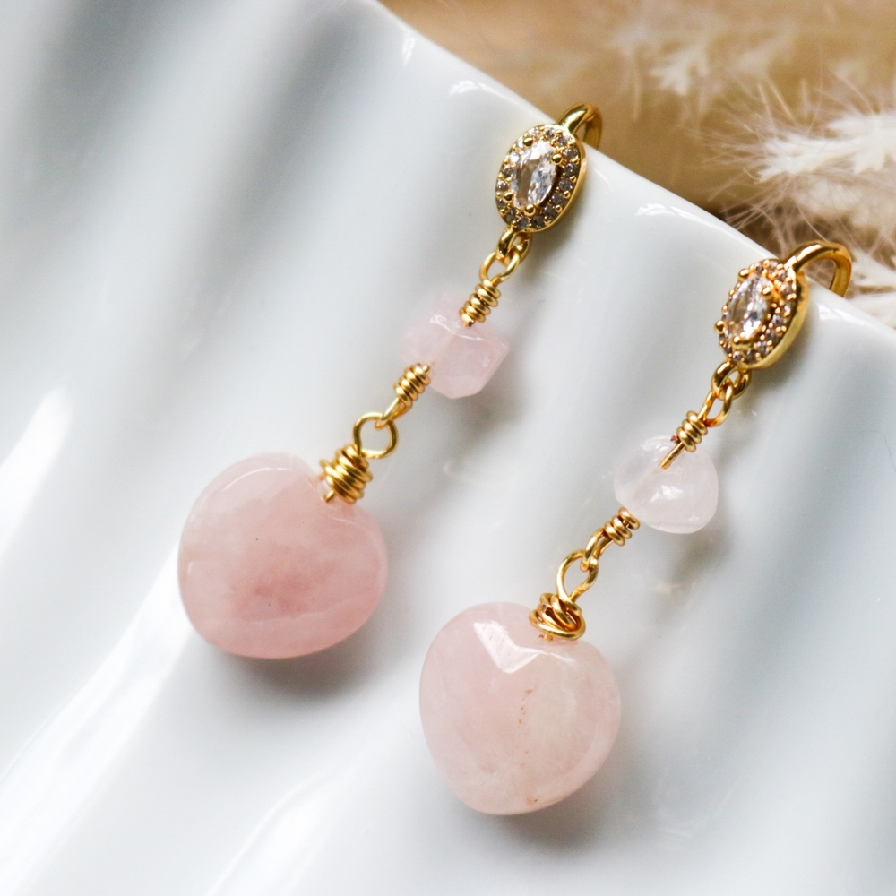 Gold-Plated Rose Quartz Drop Earrings - Elegant Pink Gemstone